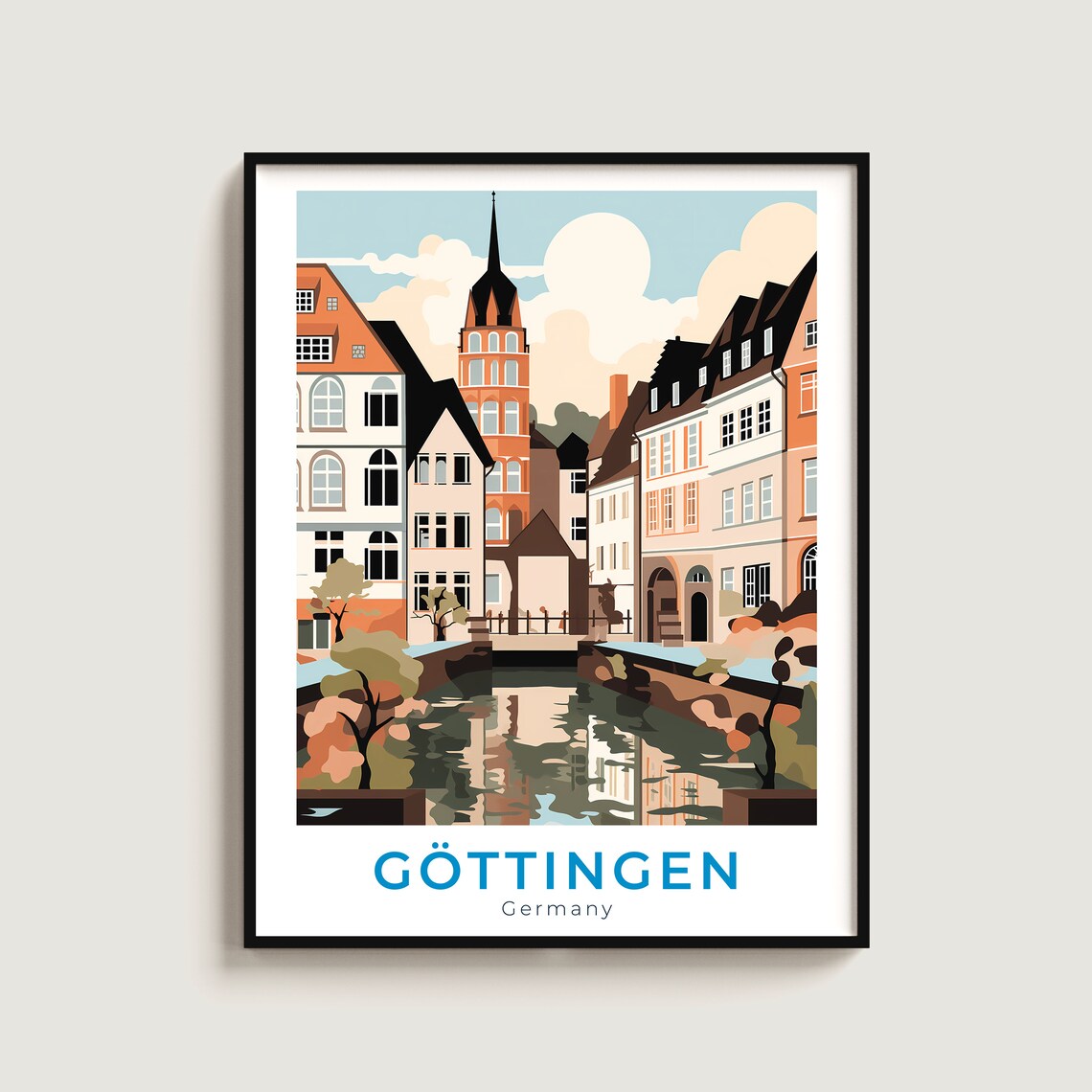 Göttingen Germany Canal Old Houses Church Tower Town Travel Poster