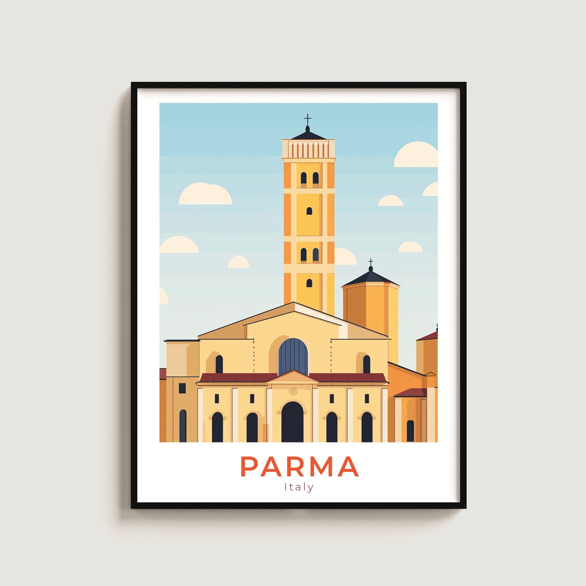 Parma Italy Cathedral Bell Tower Golden Vintage Travel Poster