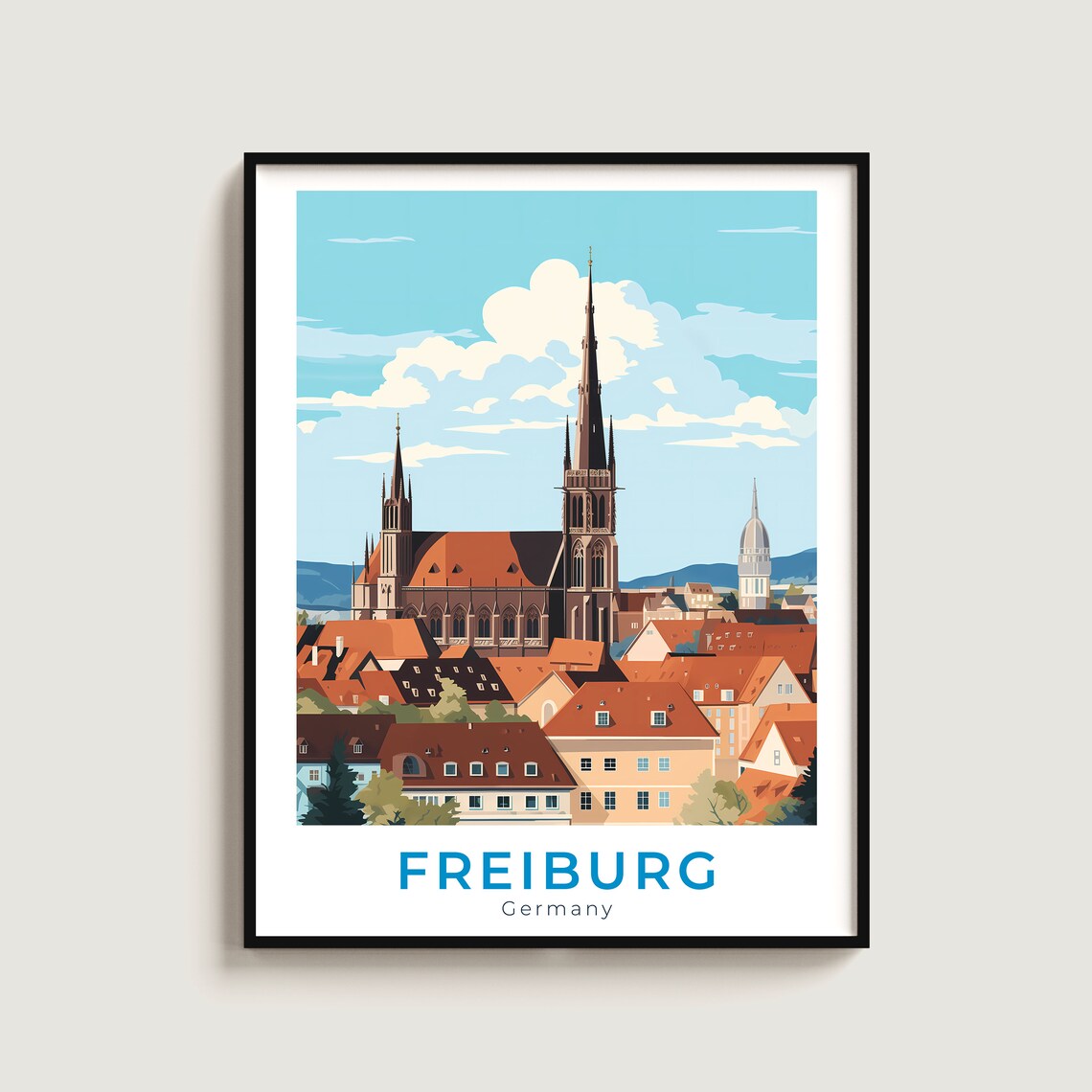 Freiburg Cathedral Old Town Red Roofs Travel Poster Germany Gift