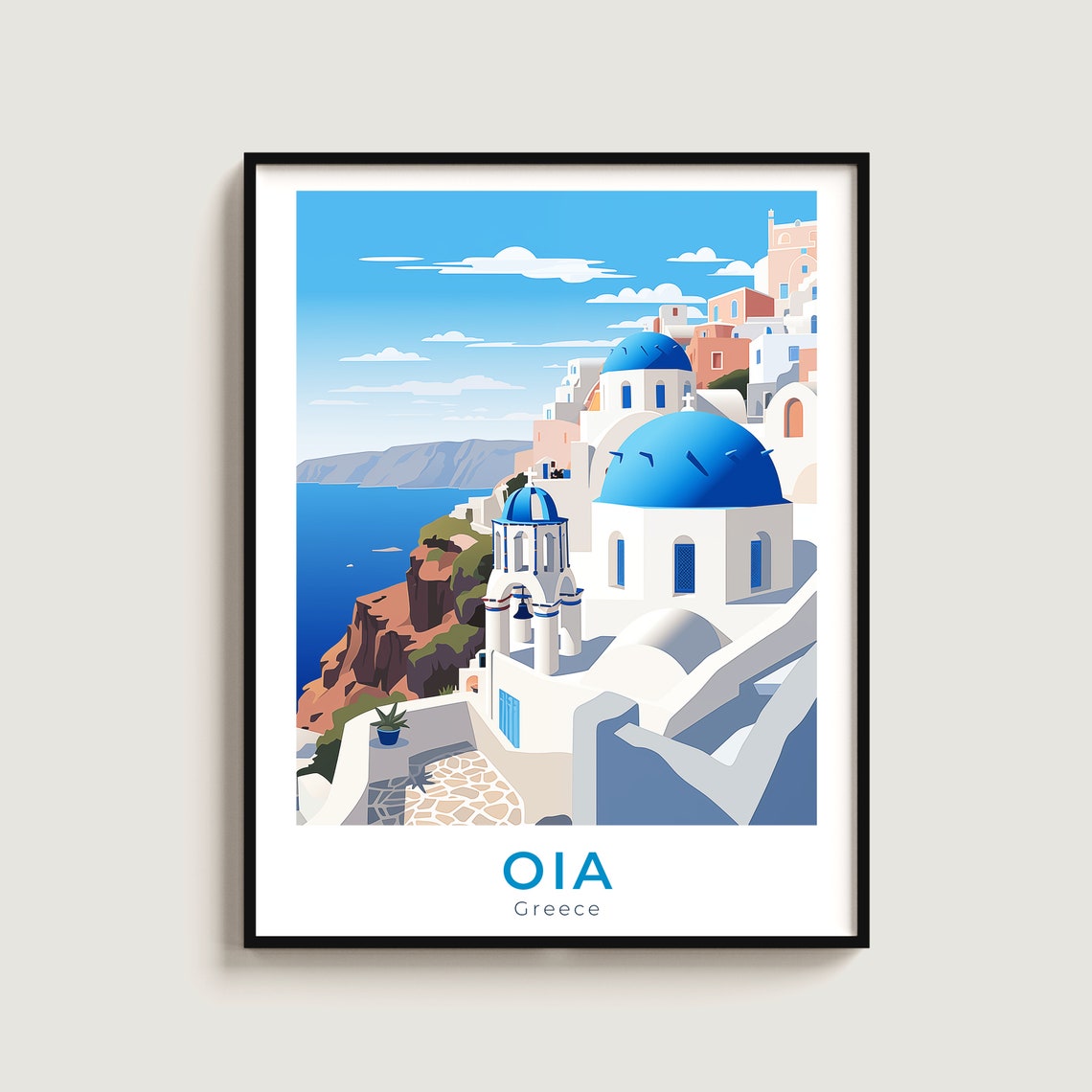 Oia Greece Blue Domes Bell Tower Cliffside Village Travel Poster