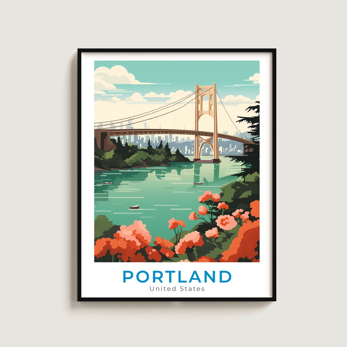 Portland Oregon River Bridge Garden Blooms Spring Travel Poster