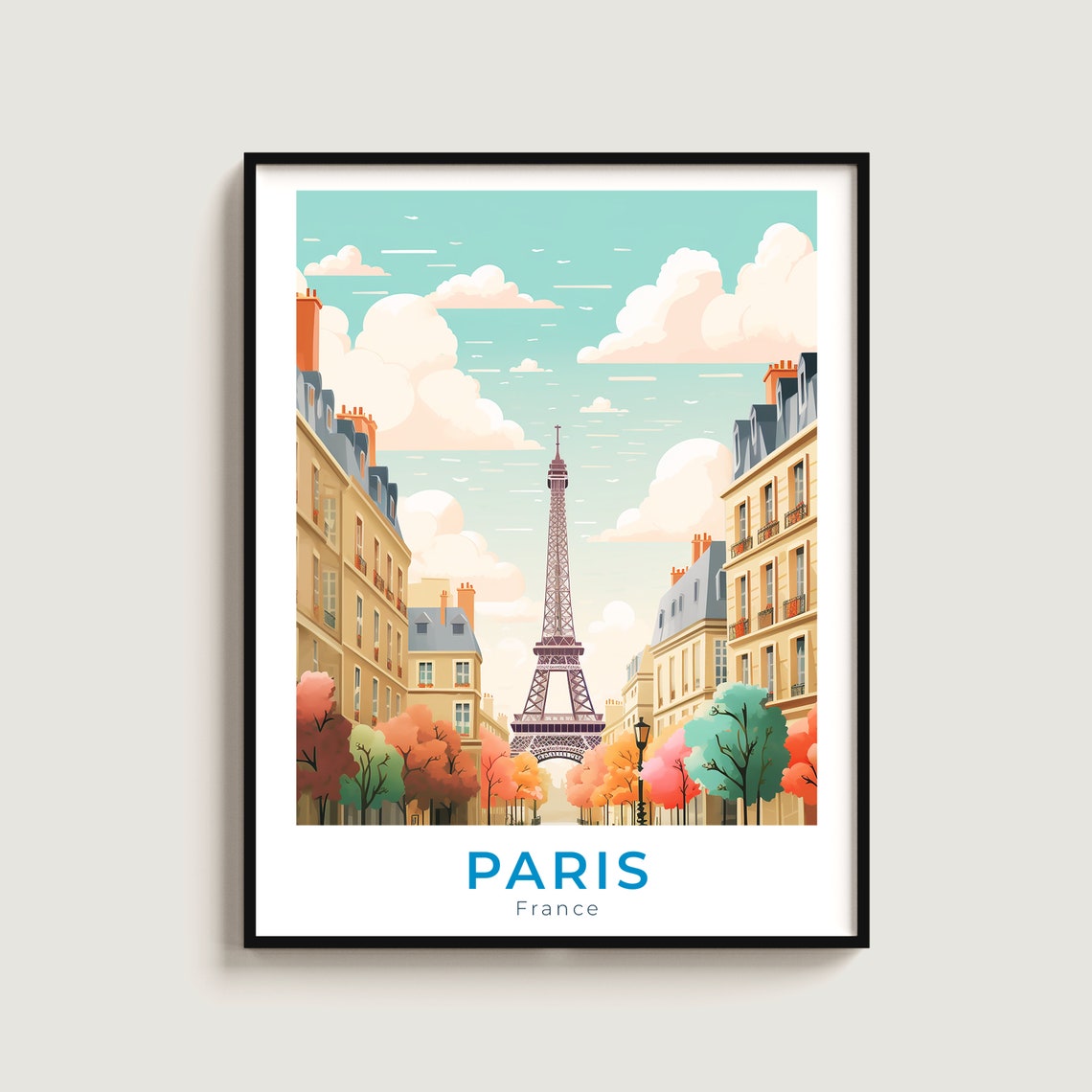 Paris Eiffel Tower France Travel Poster Autumn Street Artwork