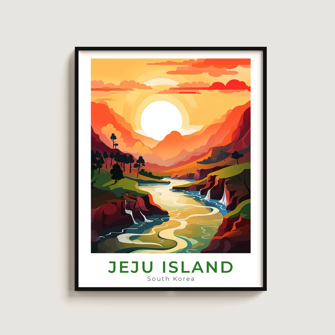 Jeju Island South Korea Sunset River Canyon Vintage Travel Poster