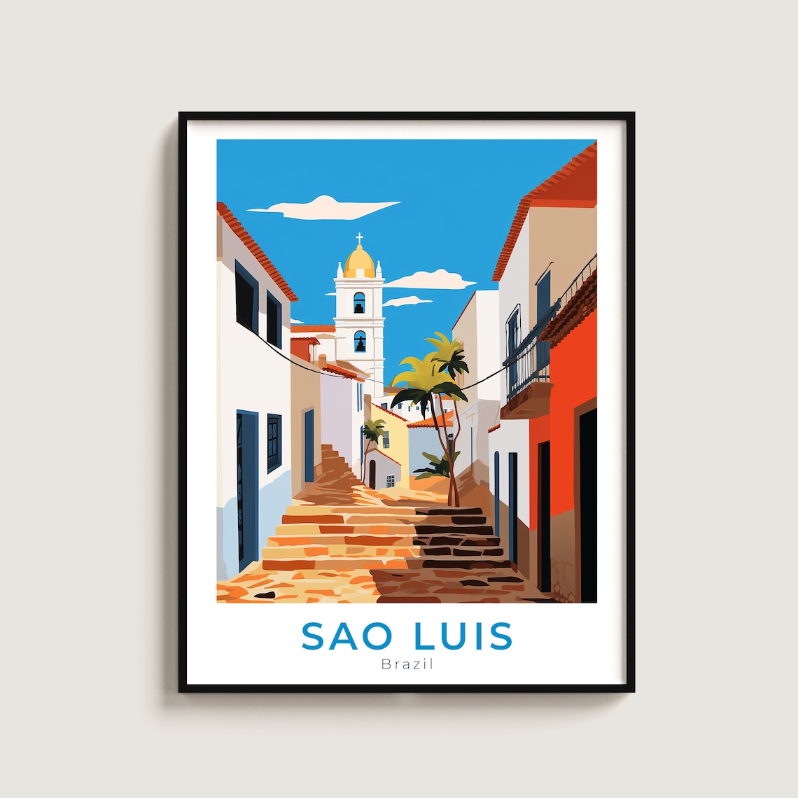 Sao Luis Brazil Travel Poster Colonial Stepped Street Church Tower