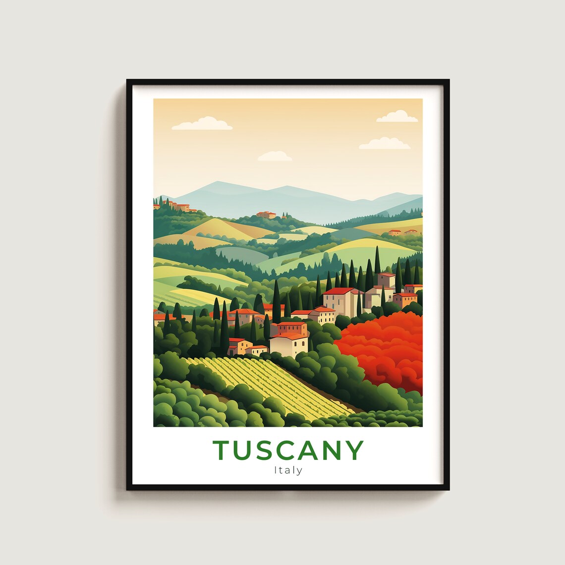 Tuscany Italy Rolling Hills Cypress Vineyard Valley Travel Poster