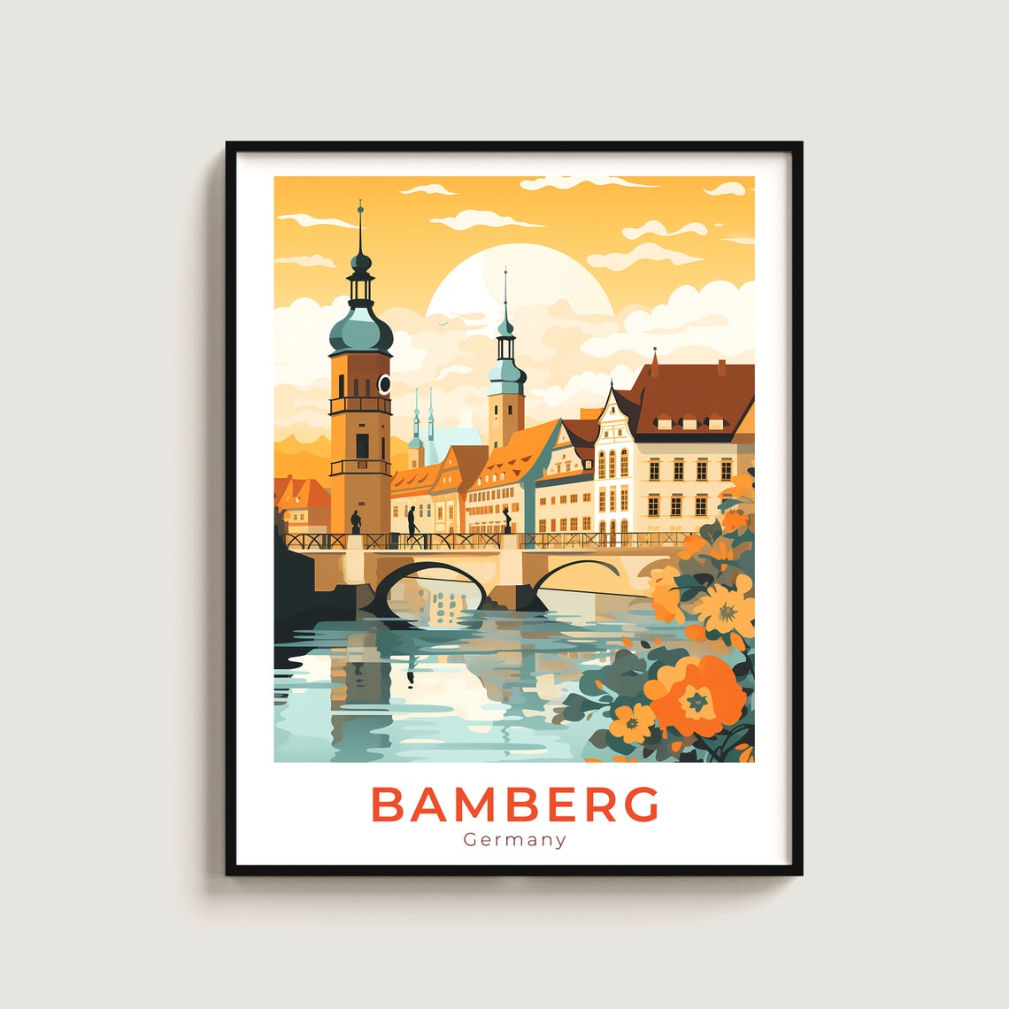 Bamberg Germany Old Town Hall Bridge River Sunset Travel Poster
