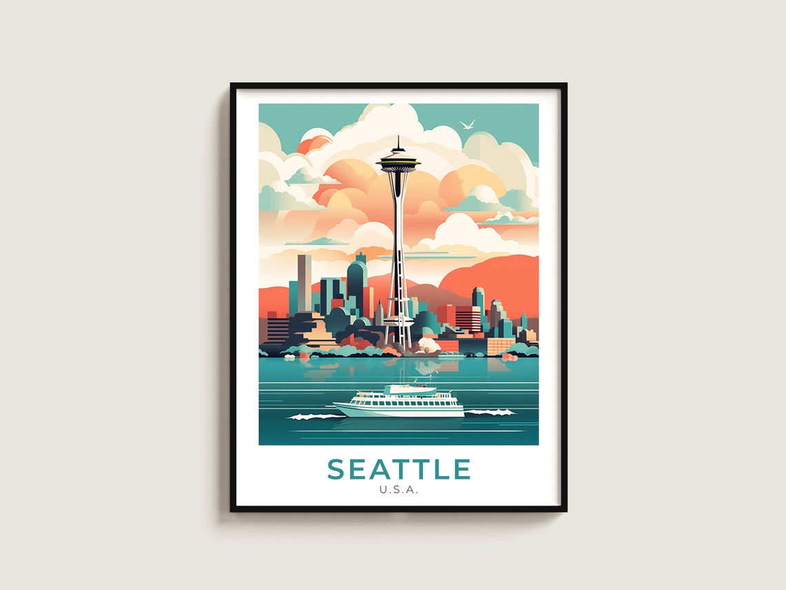 Seattle Washington Space Needle Ferry Harbor Skyline Travel Poster