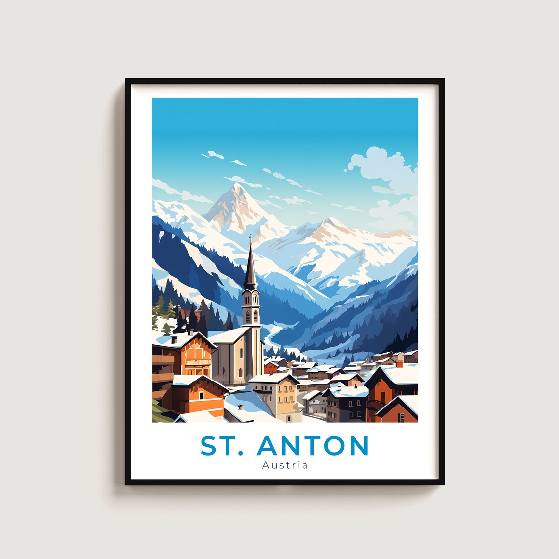 St. Anton Austria Alpine Village Church Steeple Ski Travel Poster