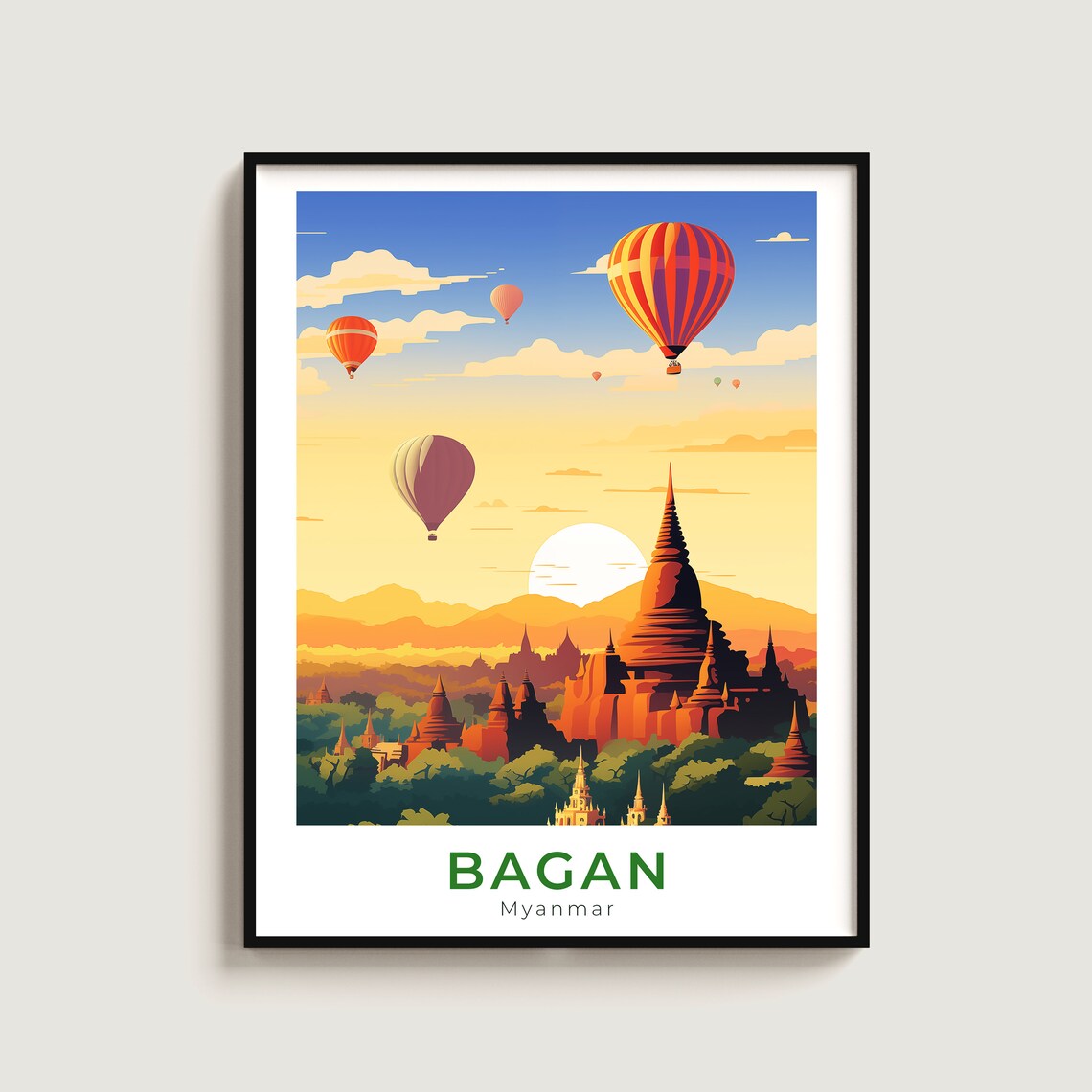Bagan Myanmar Hot Air Balloons Over Ancient Temples Sunrise Poster
