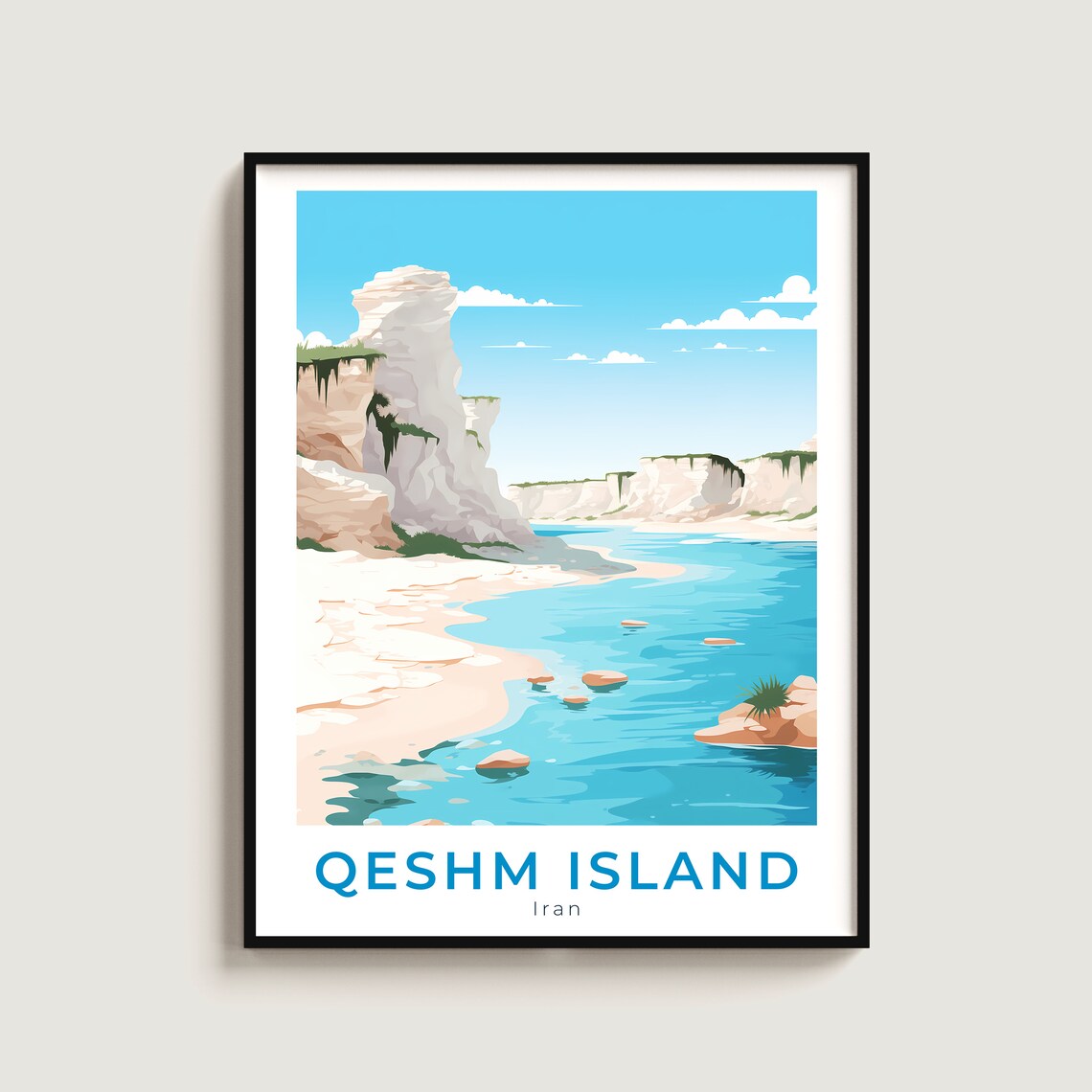 Qeshm Island Iran White Cliffs Turquoise Bay Rocky Beach Travel Poster
