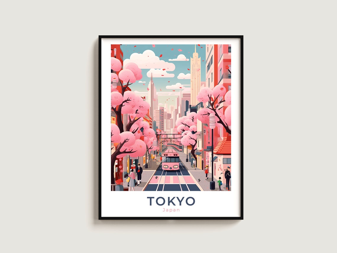 Tokyo Japan Cherry Blossom Street Spring Train Travel Poster