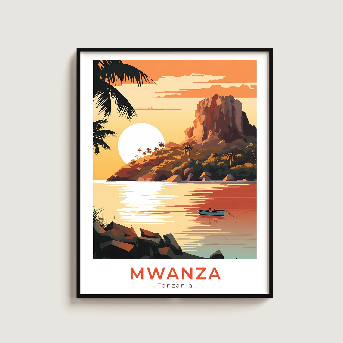 Mwanza Tanzania Sunset Lake Rocky Shore Fishing Boat Travel Poster