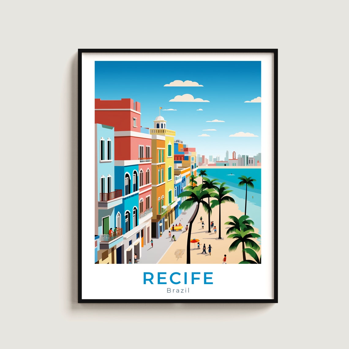 Recife Brazil Colorful Beachfront Palm Trees Ocean Travel Poster