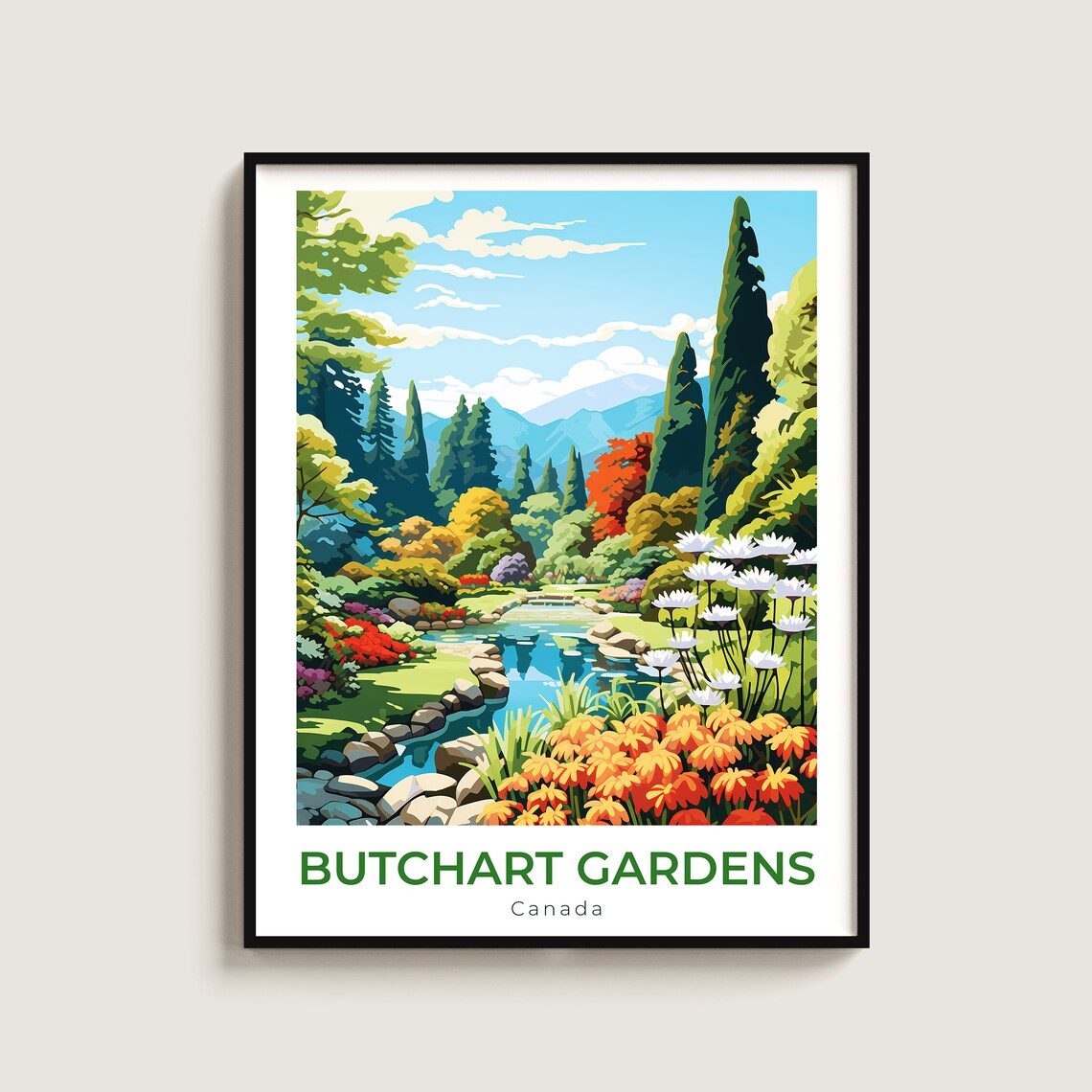 Butchart Gardens Canada Floral Stream Garden Oasis Travel Poster