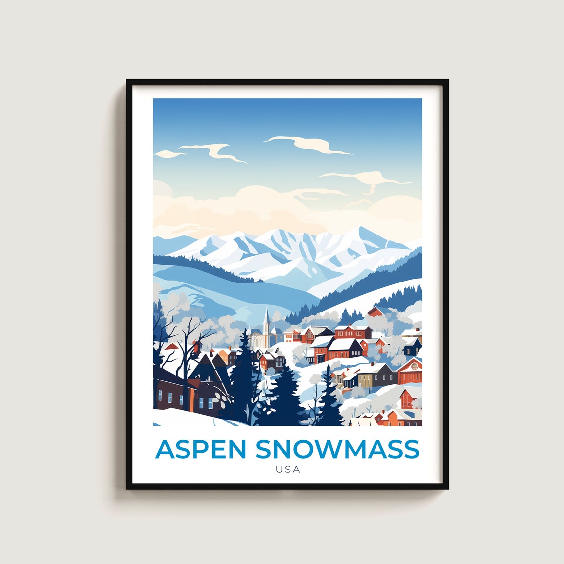 Aspen Snowmass USA Snowy Town Red Roofs Church Tower Winter Poster
