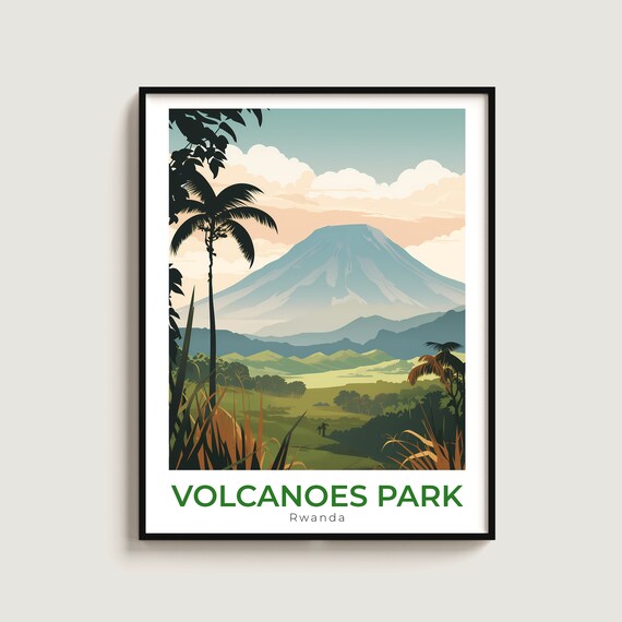 Volcanoes Park Rwanda Misty Volcano Mountain Vintage Travel Poster