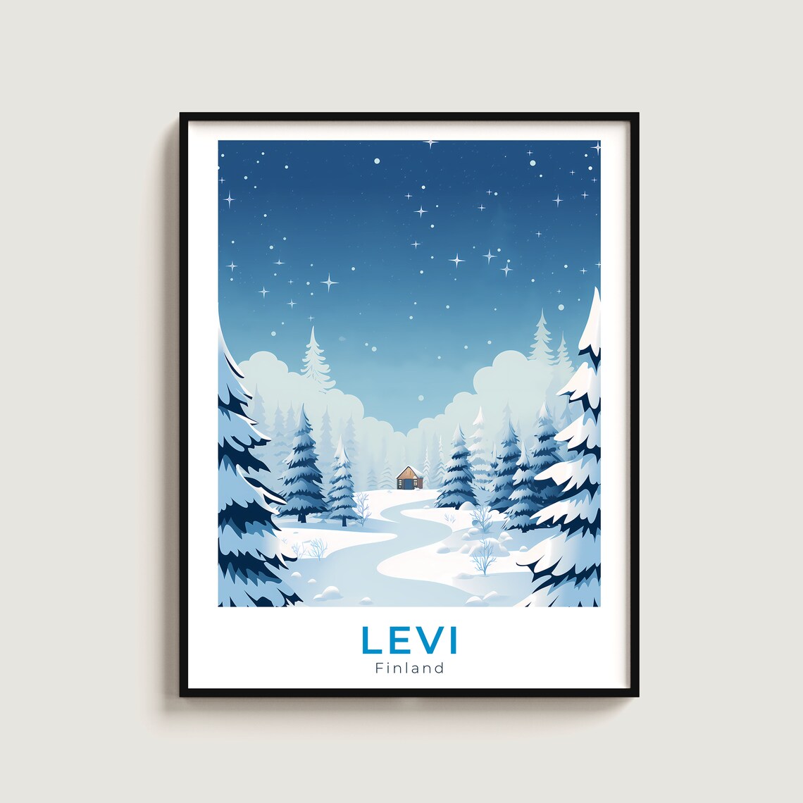 Levi Finland Snowy Forest Cabin Starry Night Winter Travel Poster Art