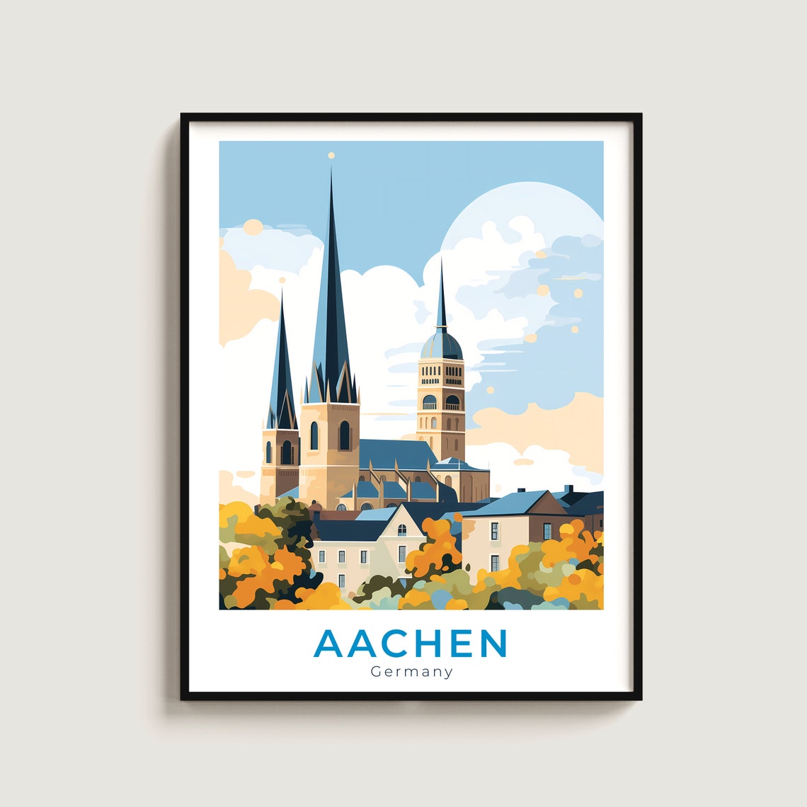 Aachen Cathedral Twin Spires Autumn Trees Travel Wall Art Gift