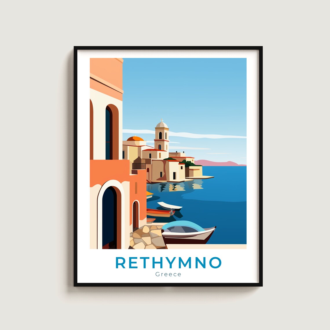 Rethymno Greece Waterfront Old Town Boats Harbor Travel Poster