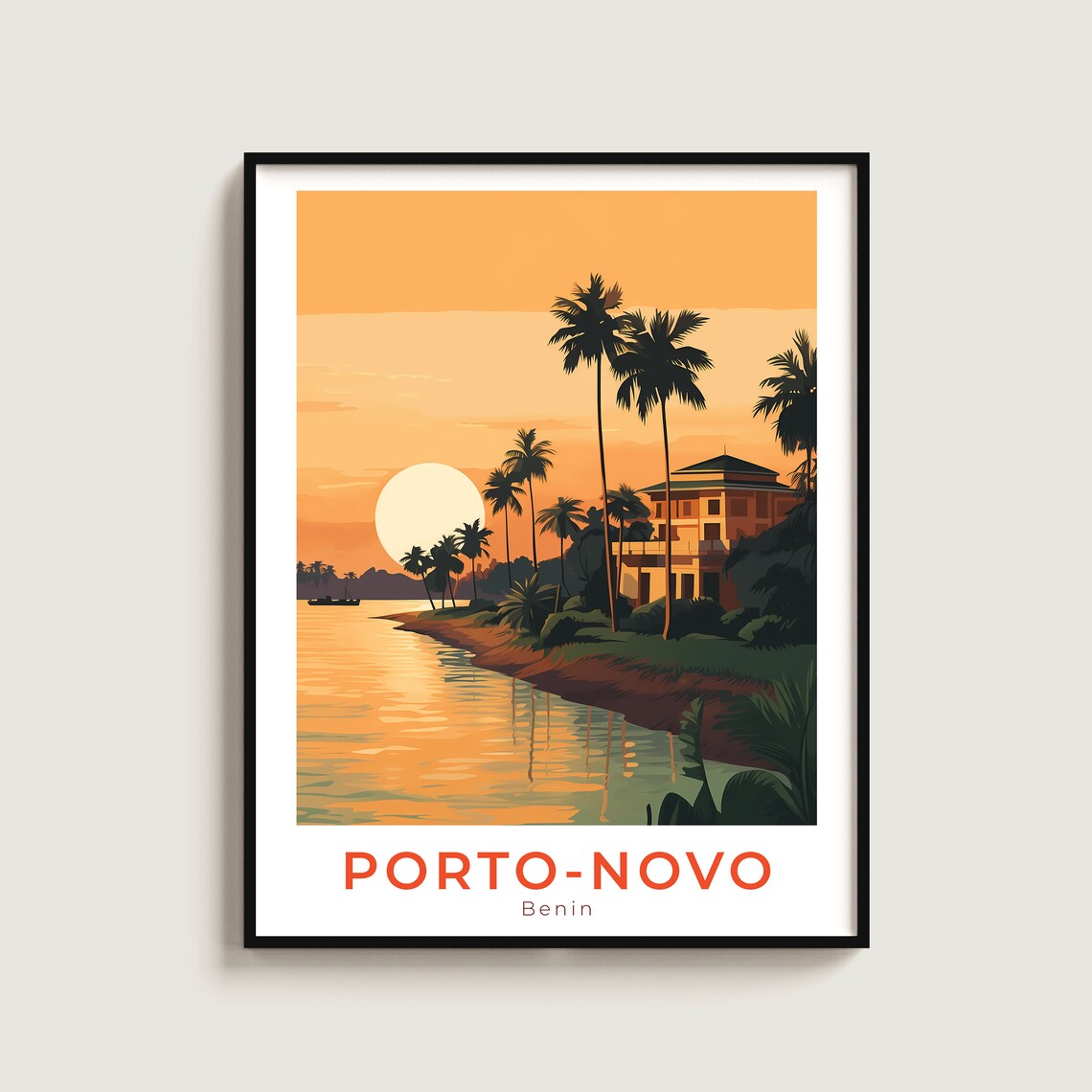 Porto Novo Benin Lagoon Sunset Palm Villa Travel Poster Artwork