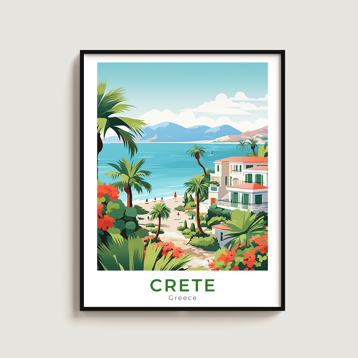 Crete Greece Tropical Beach Palms Flowers Villa Travel Poster