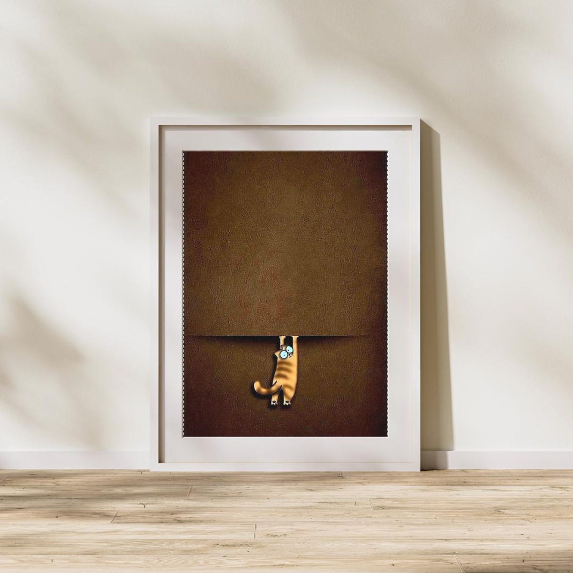 Playful Hanging Tabby Cat Quirky Big Blue Eyes Illustration Poster
