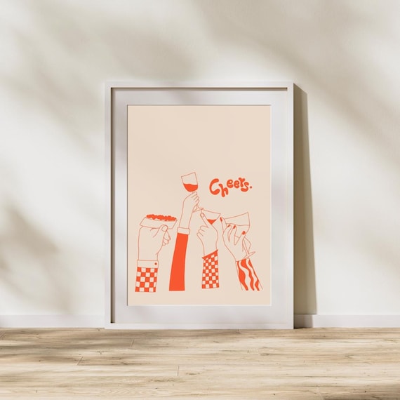 Cheers Wine Toast Retro Minimalist Kitchen Bar Wall Decor Poster