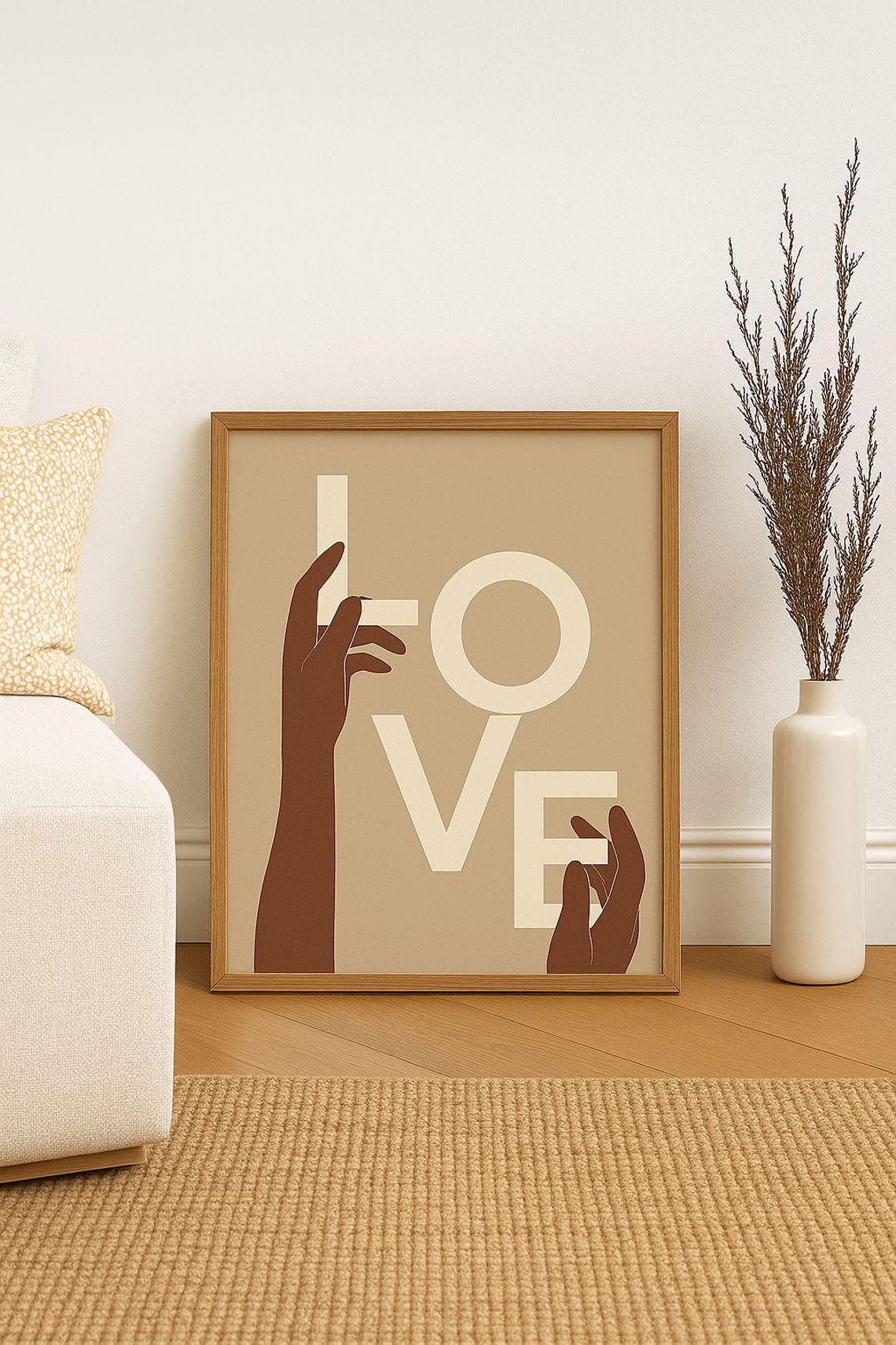 Love Typography With Reaching Hands Neutral Modern Art Poster