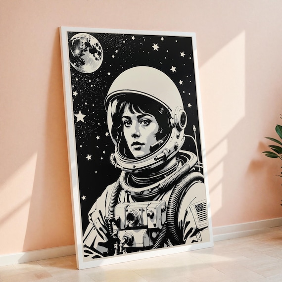 Retro Female Astronaut Black White Moon Stars Sci-Fi Art Poster