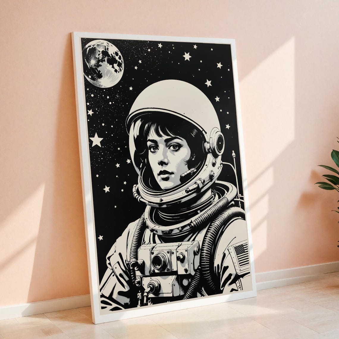Retro Female Astronaut Black White Moon Stars Sci-Fi Art Poster