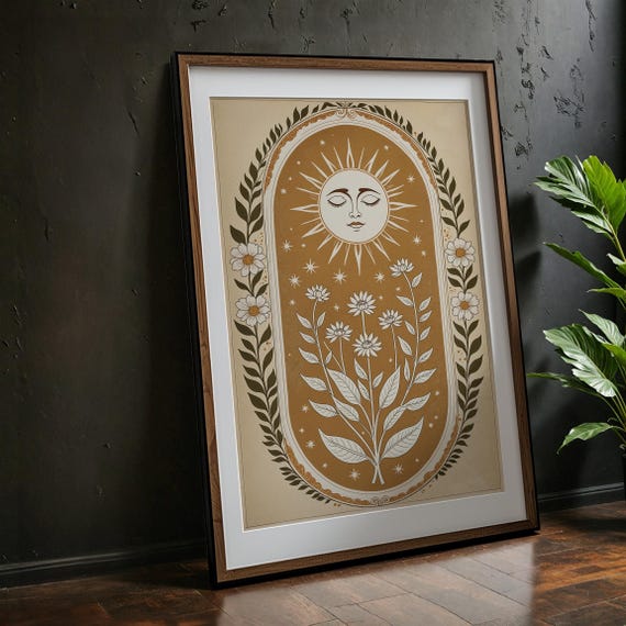 Boho Sun And Floral Art Print Poster Mystical Stars Wall Celestial Botanical Decor Sunthemed