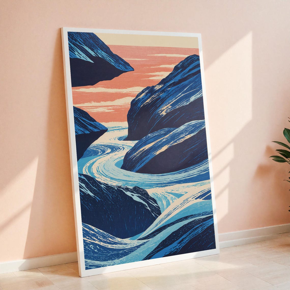 Minimalist Mountain River Blue Peaks Serene Landscape Wall Poster