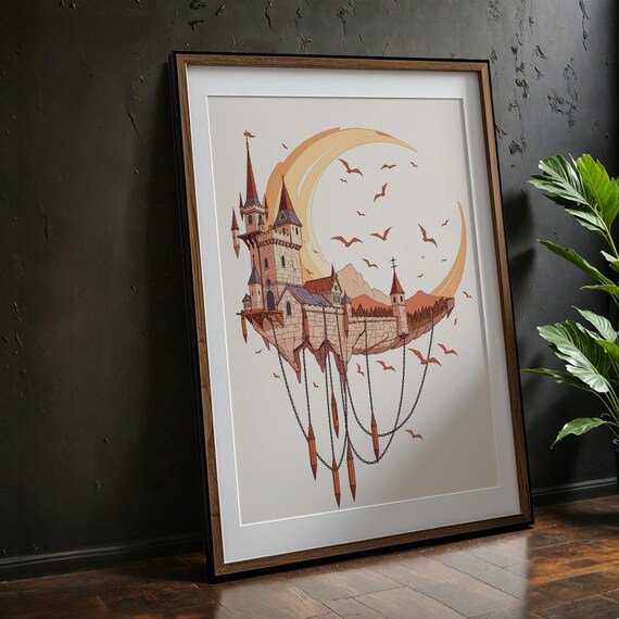 Gothic Floating Castle Dark Crescent Moon Bats Fantasy Art Print