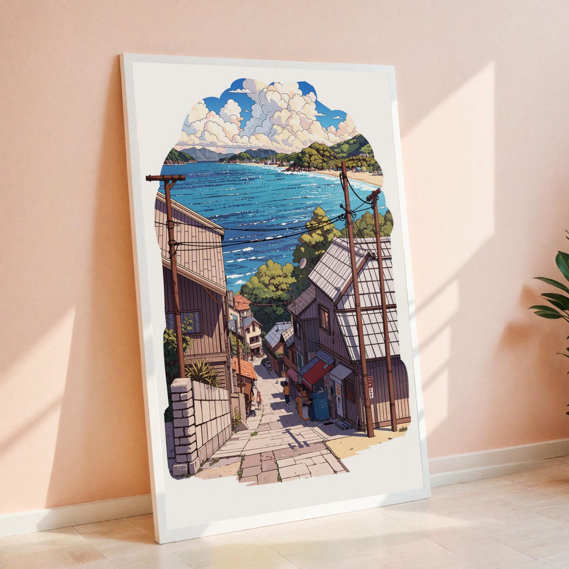 Japanese Seaside Village Wall Art for Anime Coastal Lofi Home Decor
