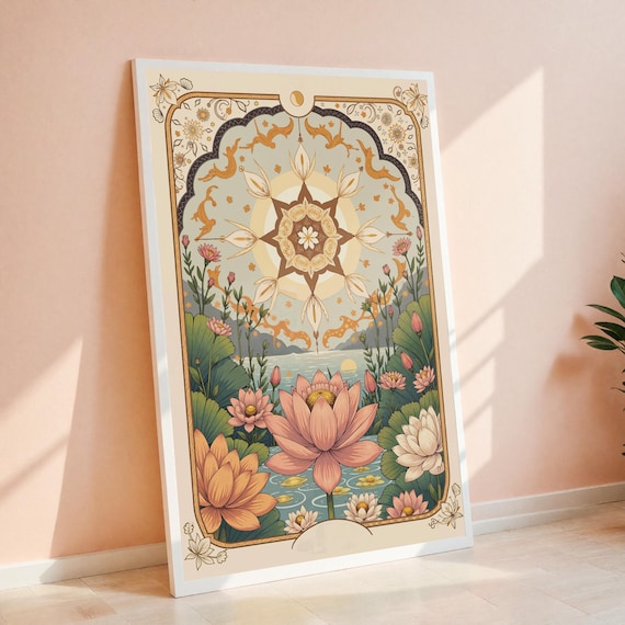 Floral Star Tarot Card Lotus Celestial Mystical Boho Art Poster