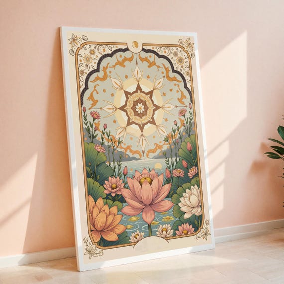 Vintage Floral Star Tarot Card Art Celestial And Sun Wall Decor Boho For Astrology Spiritual Home Decoration