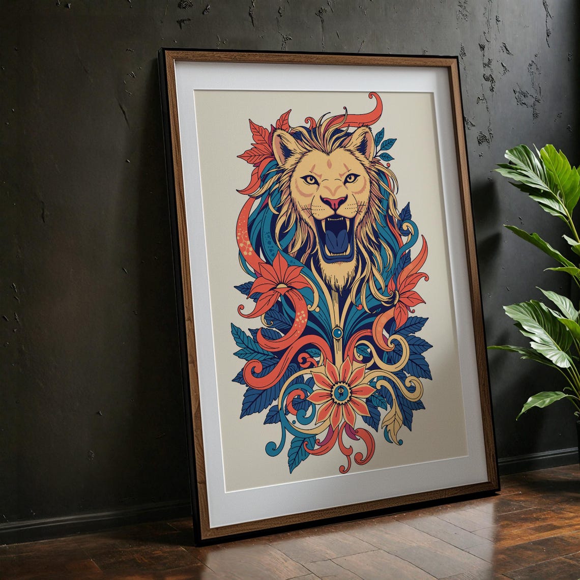 Colorful Boho Lion Floral Jungle Roaring King Vibrant Art Poster