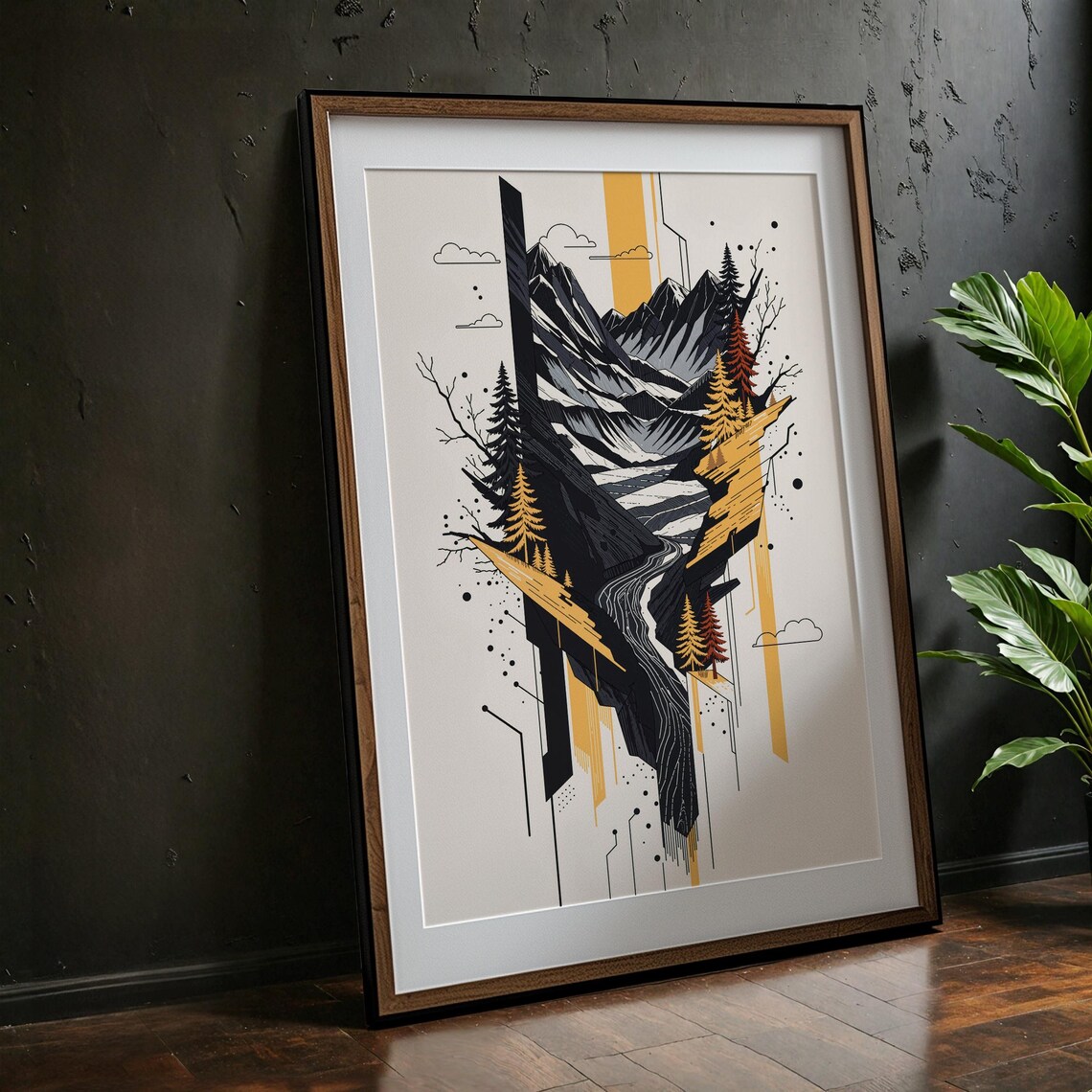 Modern Geometric Mountain Fragment Abstract Nature Black Gold Poster