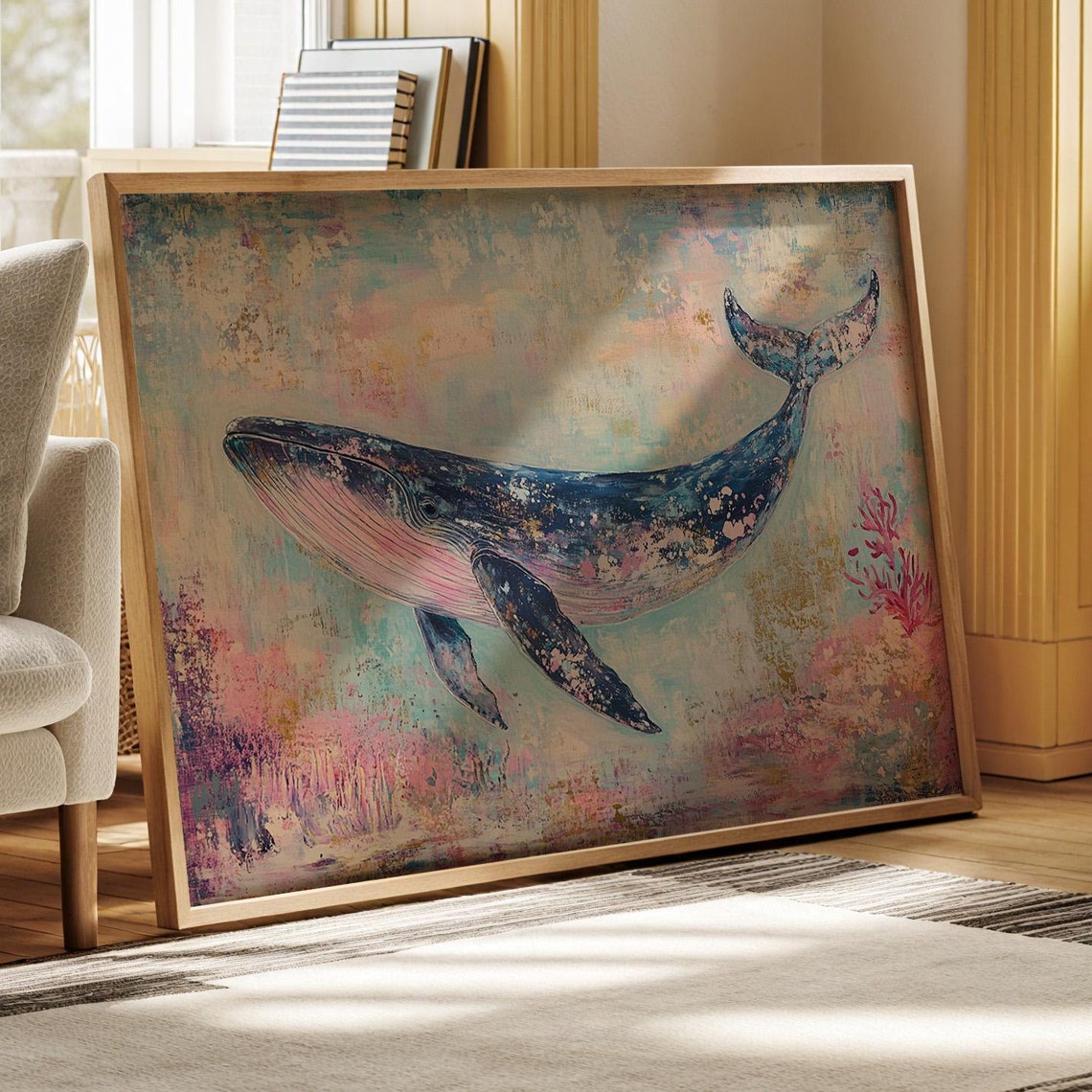 Abstract Whale, Pastel Ocean Background