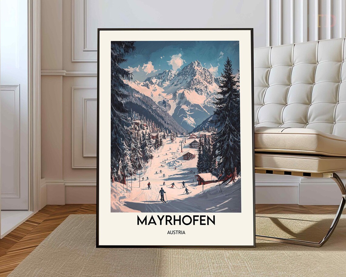 Mayrhofen Austria Ski Resort Snowy Mountain Vintage Travel Poster