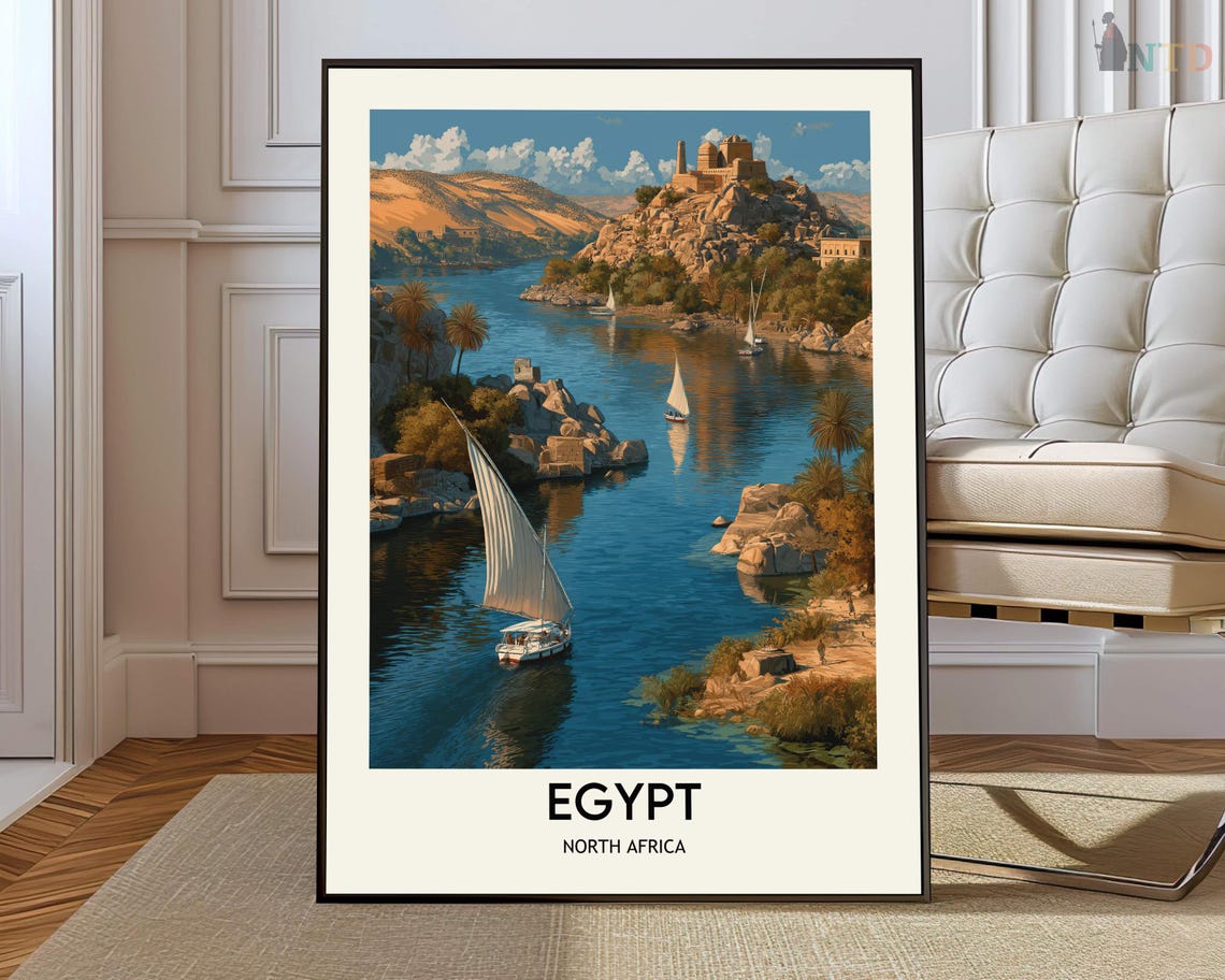 Ancient Egypt Nile River Felucca Sailboats Cliff Ruins Poster