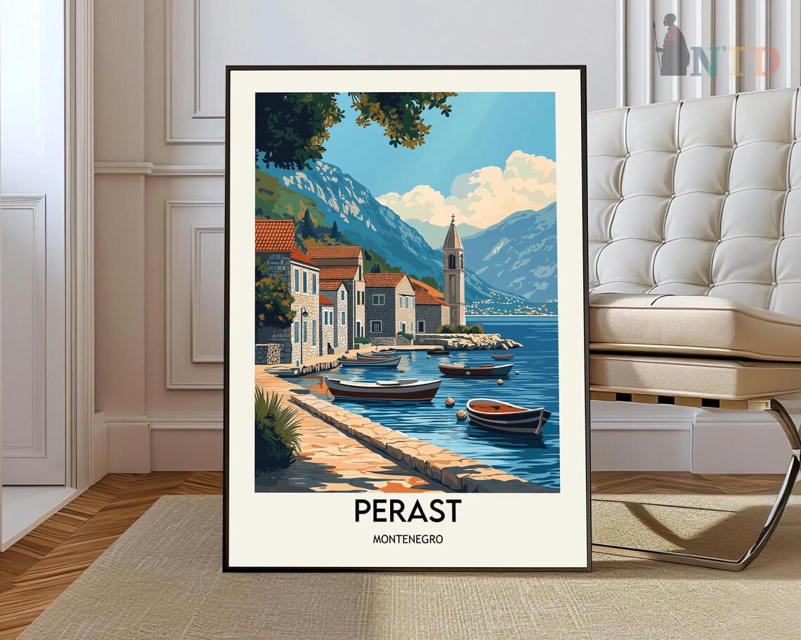 Perast Montenegro Bay Church And Boats Vintage Travel Poster Art