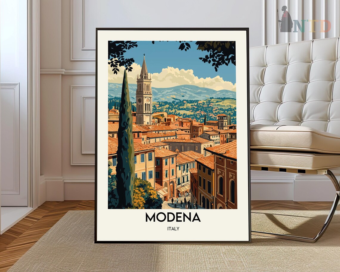 Modena Italy Vintage Travel Poster Cathedral Bell Tower Cypress