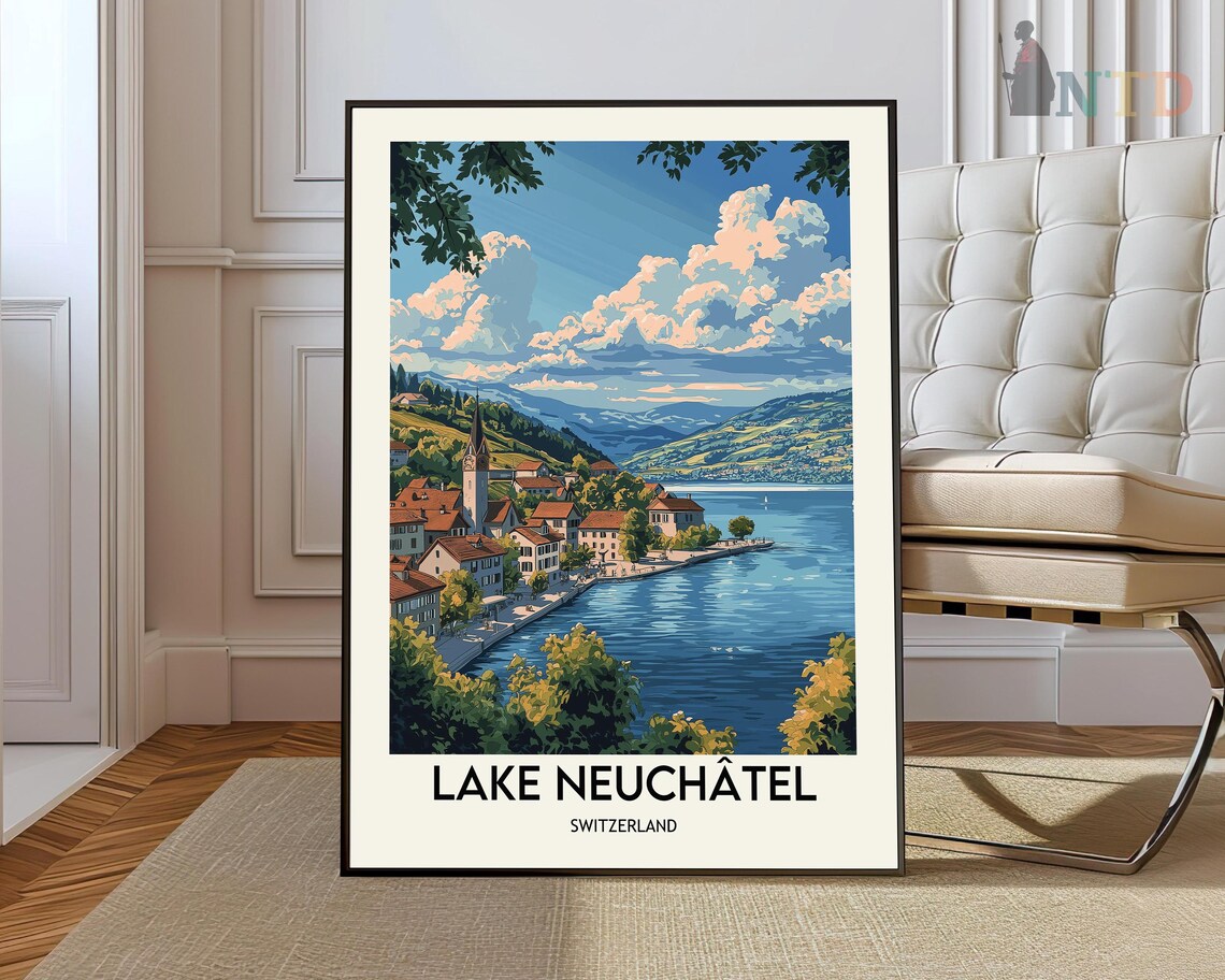 Lake Neuchatel Switzerland Lakeside Church Travel Poster Town View