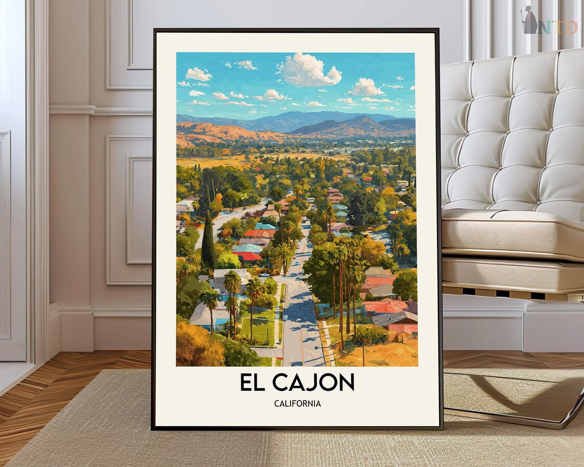 El Cajon California Aerial Neighborhood Travel Poster With Mountain Views