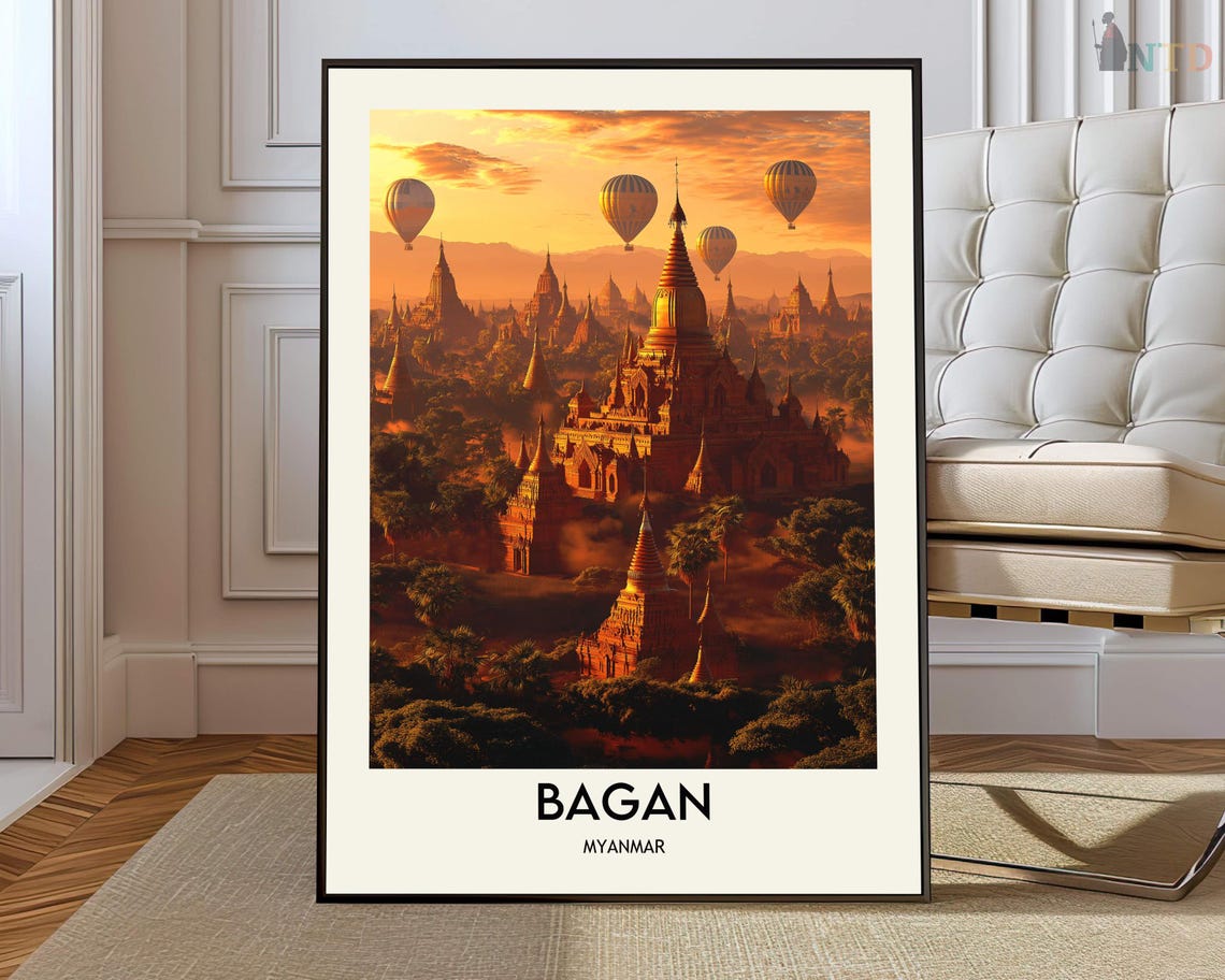 Bagan Myanmar Ancient Temple Stupas Hot Air Balloons Travel Poster