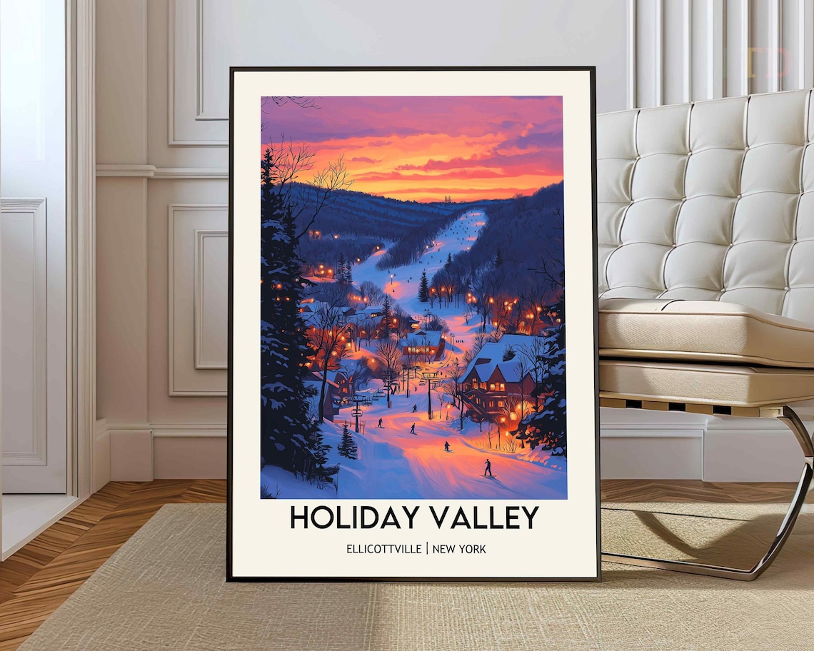 Holiday Valley New York Night Ski Village Winter Lights Travel Poster