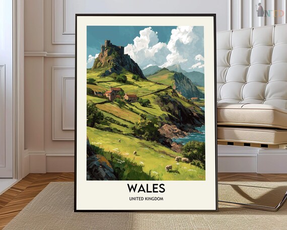Wales United Kingdom Coastal Castle Hills Sheep Travel Poster