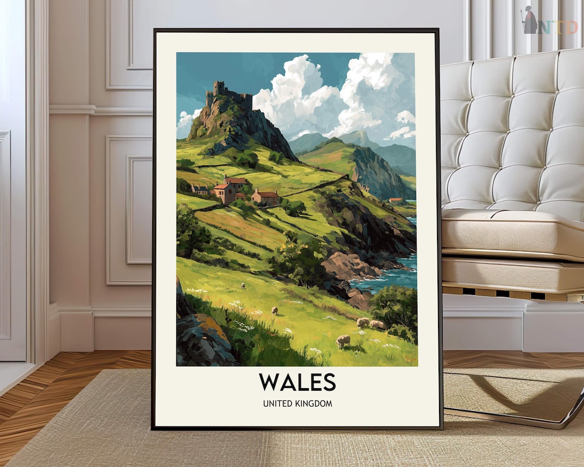 Wales United Kingdom Coastal Castle Hills Sheep Travel Poster
