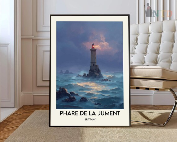 Phare De La Jument Lighthouse Brittany Stormy Sea Travel Poster